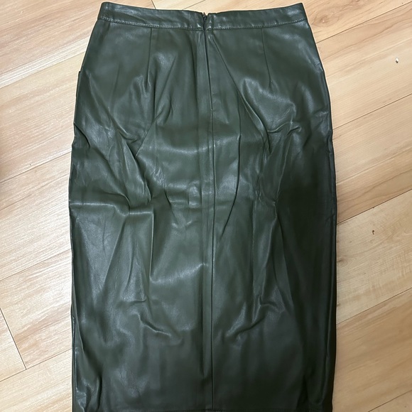 Olive Faux Leather Skirt with Front Slit - Picture 3 of 4